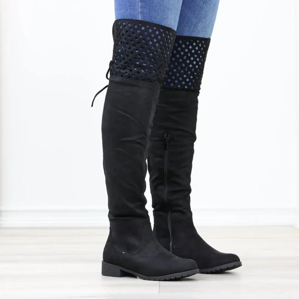 Black Thigh High Over The Knee Flat Boots Faux Suede - Picture 4 of 15